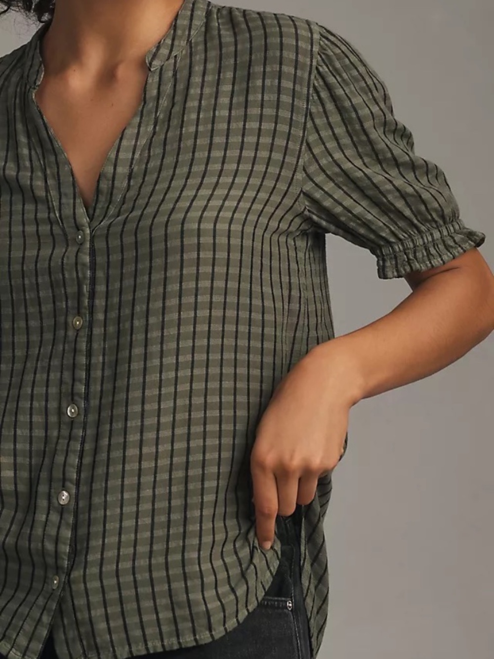Anthropologie Cloth & Stone Puff-Sleeve Linen Button-down Top, Olive / Black, XS